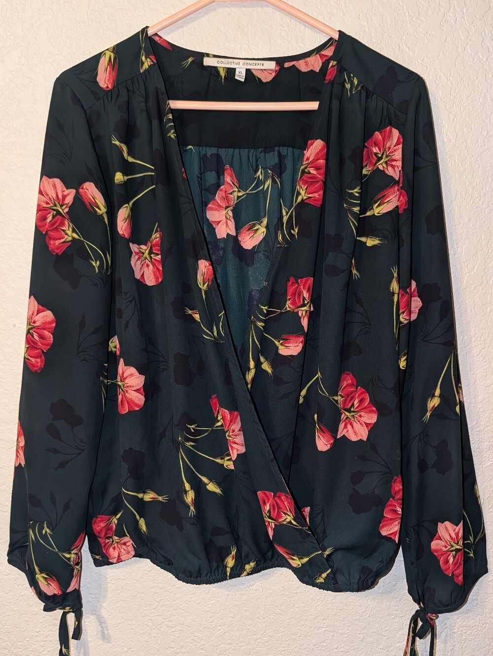Collective Concepts Dark Hunter Green Floral Faux Wrap Long Sleeve Blouse, XL